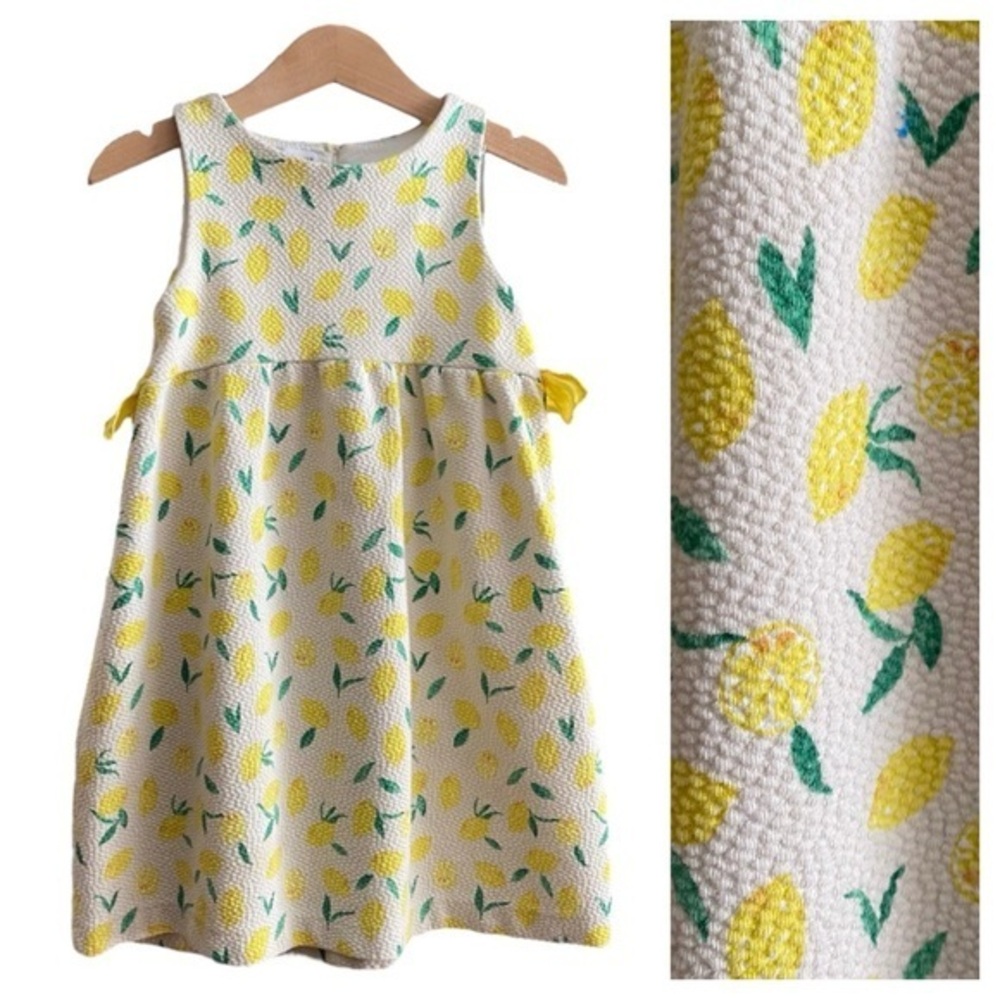 Zara Girls White Yellow Lemon Print Textured Sleeveless Dress 4t